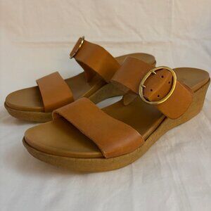 Mariella Tan Leather Double Band Adjustable Slip-On Wedge Sandal Size 8.5